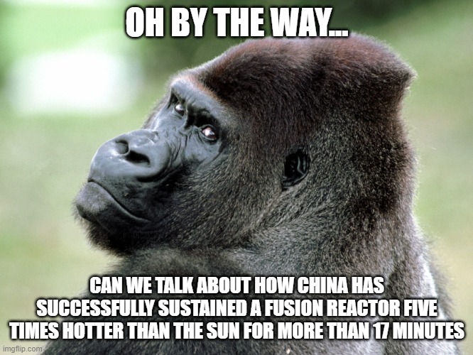 Lol we coulda died. | OH BY THE WAY... CAN WE TALK ABOUT HOW CHINA HAS SUCCESSFULLY SUSTAINED A FUSION REACTOR FIVE TIMES HOTTER THAN THE SUN FOR MORE THAN 17 MINUTES | image tagged in by the way | made w/ Imgflip meme maker