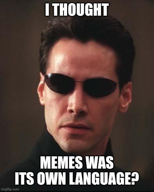 Neo Matrix Keanu Reeves | I THOUGHT MEMES WAS ITS OWN LANGUAGE? | image tagged in neo matrix keanu reeves | made w/ Imgflip meme maker