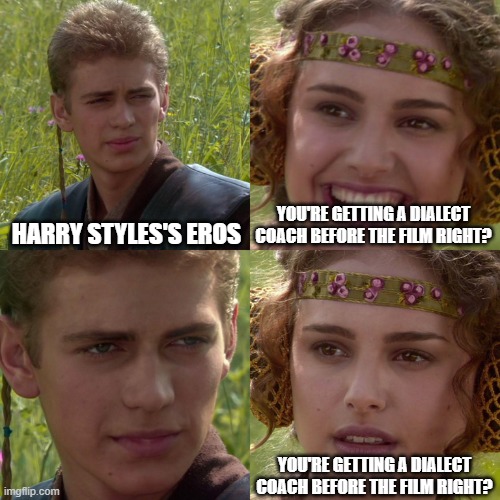Harry Styles Eros | HARRY STYLES'S EROS; YOU'RE GETTING A DIALECT COACH BEFORE THE FILM RIGHT? YOU'RE GETTING A DIALECT COACH BEFORE THE FILM RIGHT? | image tagged in anakin padme 4 panel | made w/ Imgflip meme maker