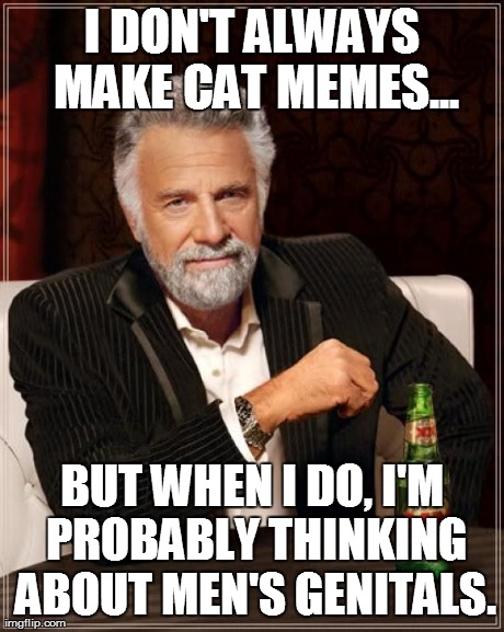 The Most Interesting Man In The World Meme | I DON'T ALWAYS MAKE CAT MEMES... BUT WHEN I DO, I'M PROBABLY THINKING ABOUT MEN'S GENITALS. | image tagged in memes,the most interesting man in the world | made w/ Imgflip meme maker