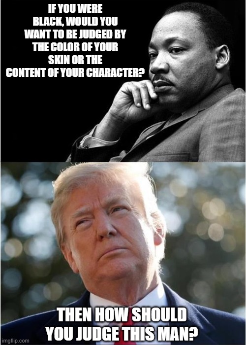 MLK | IF YOU WERE BLACK, WOULD YOU WANT TO BE JUDGED BY THE COLOR OF YOUR SKIN OR THE CONTENT OF YOUR CHARACTER? THEN HOW SHOULD YOU JUDGE THIS MAN? | image tagged in martin luther king jr,donald trump | made w/ Imgflip meme maker