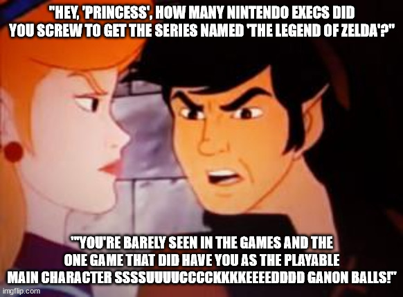 Some questions need to be asked. . .and answered. | "HEY, 'PRINCESS', HOW MANY NINTENDO EXECS DID YOU SCREW TO GET THE SERIES NAMED 'THE LEGEND OF ZELDA'?"; "'YOU'RE BARELY SEEN IN THE GAMES AND THE ONE GAME THAT DID HAVE YOU AS THE PLAYABLE MAIN CHARACTER SSSSUUUUCCCCKKKKEEEEDDDD GANON BALLS!" | image tagged in legend of zelda worst,nintendo,link,videogames,games | made w/ Imgflip meme maker