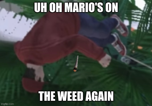 uh oh mario's on the weed... again. | UH OH MARIO'S ON; THE WEED AGAIN | image tagged in super mario,mario,funny meme,lol so funny,smoke weed | made w/ Imgflip meme maker