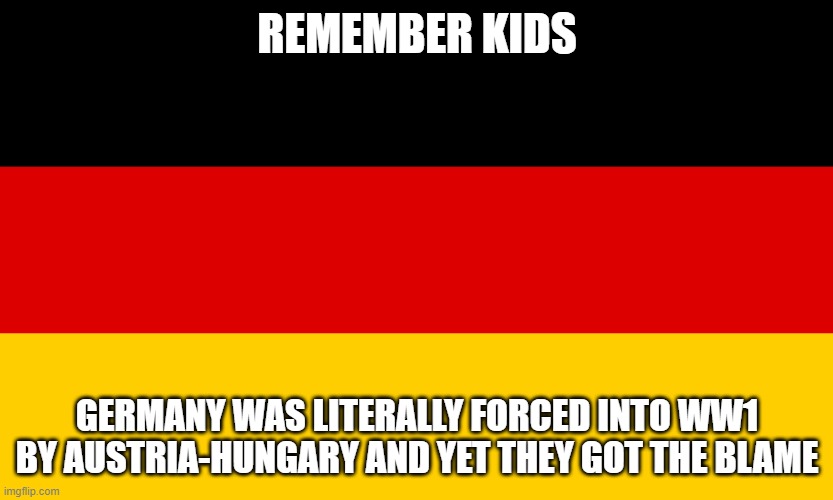 Germany | REMEMBER KIDS; GERMANY WAS LITERALLY FORCED INTO WW1 BY AUSTRIA-HUNGARY AND YET THEY GOT THE BLAME | image tagged in germany | made w/ Imgflip meme maker