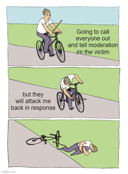 Bike Fall Meme | Going to call everyone out and tell moderation im the victim; but they will attack me back in response | image tagged in memes,bike fall | made w/ Imgflip meme maker