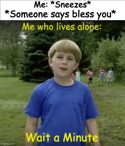 0-0 | Me: *Sneezes*; *Someone says bless you*; Me who lives alone:; Wait a Minute | image tagged in kazoo kid wait a minute who are you | made w/ Imgflip meme maker