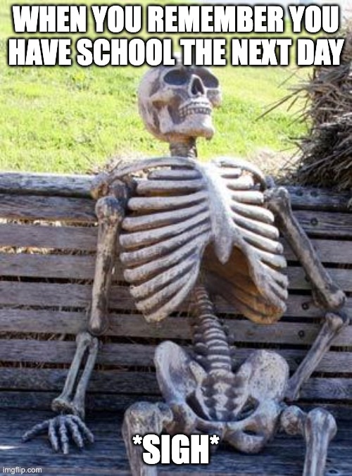 Pain | WHEN YOU REMEMBER YOU HAVE SCHOOL THE NEXT DAY; *SIGH* | image tagged in memes,waiting skeleton,school | made w/ Imgflip meme maker