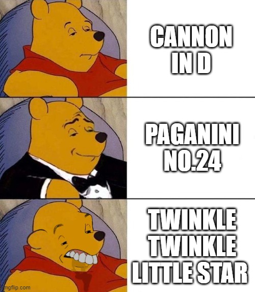 violin music in a nuttshell | CANNON IN D; PAGANINI NO.24; TWINKLE TWINKLE LITTLE STAR | image tagged in best better blurst | made w/ Imgflip meme maker
