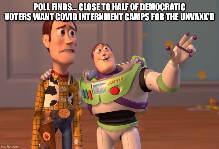 Poll Shows… | POLL FINDS… CLOSE TO HALF OF DEMOCRATIC VOTERS WANT COVID INTERNMENT CAMPS FOR THE UNVAXX'D | image tagged in memes,x x everywhere | made w/ Imgflip meme maker