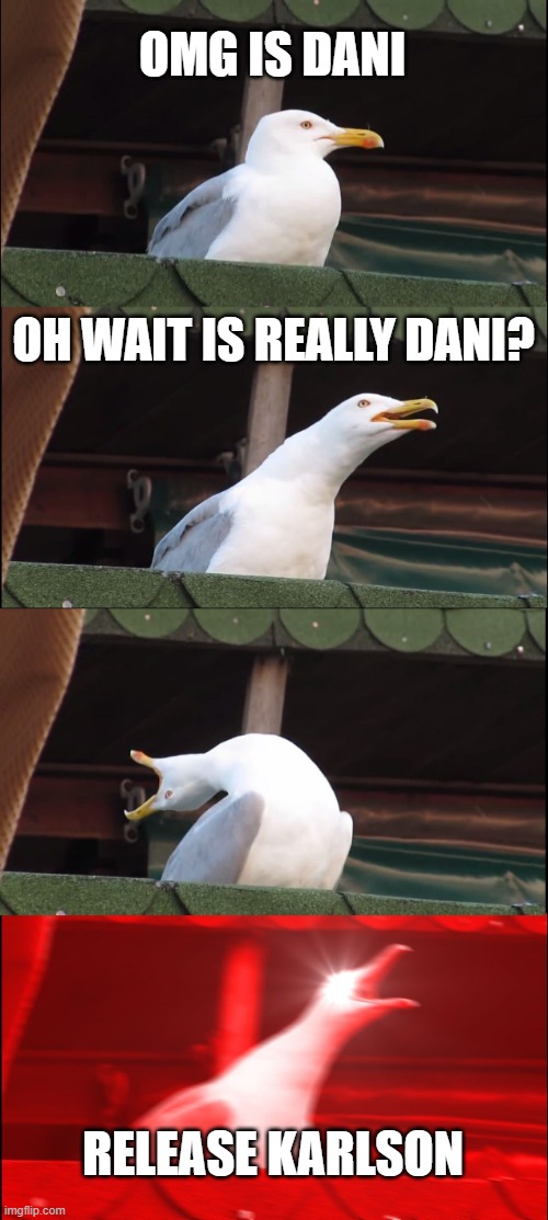people when they see dani in crab game | OMG IS DANI; OH WAIT IS REALLY DANI? RELEASE KARLSON | image tagged in memes,inhaling seagull | made w/ Imgflip meme maker