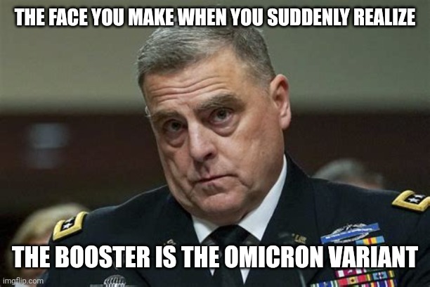 GEN MARK MILLEY TESTS C-19 POS |  THE FACE YOU MAKE WHEN YOU SUDDENLY REALIZE; THE BOOSTER IS THE OMICRON VARIANT | image tagged in general,covid-19,coronavirus,covid vaccine,army,funny memes | made w/ Imgflip meme maker