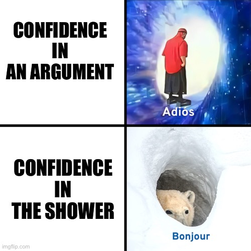 Yep |  CONFIDENCE IN AN ARGUMENT; CONFIDENCE IN THE SHOWER | image tagged in adios bonjour | made w/ Imgflip meme maker