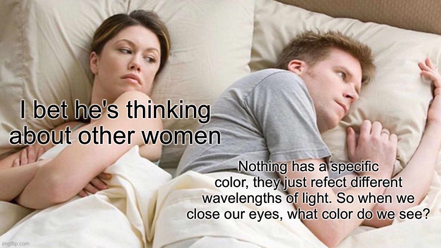 I Bet He's Thinking About Other Women Meme | I bet he's thinking about other women; Nothing has a specific color, they just refect different wavelengths of light. So when we close our eyes, what color do we see? | image tagged in memes,i bet he's thinking about other women | made w/ Imgflip meme maker
