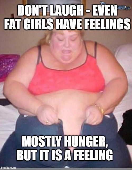 Fat Girls Have Feelings | DON'T LAUGH - EVEN FAT GIRLS HAVE FEELINGS; MOSTLY HUNGER, BUT IT IS A FEELING | image tagged in fat girl meme,hunger,dark humor,ZeducationSubmissions | made w/ Imgflip meme maker