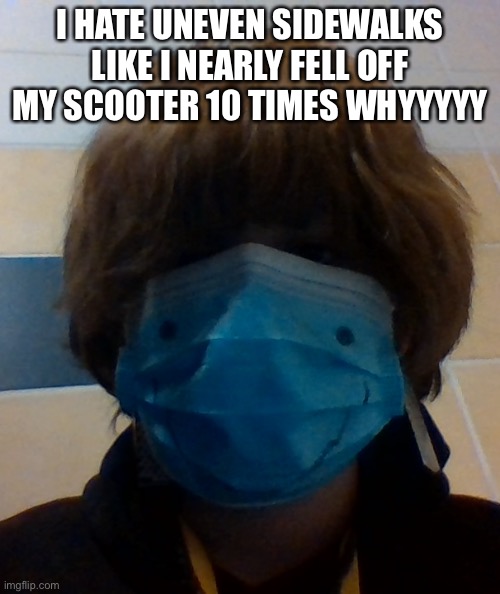 scarri honu | I HATE UNEVEN SIDEWALKS LIKE I NEARLY FELL OFF MY SCOOTER 10 TIMES WHYYYYY | image tagged in scarri honu | made w/ Imgflip meme maker