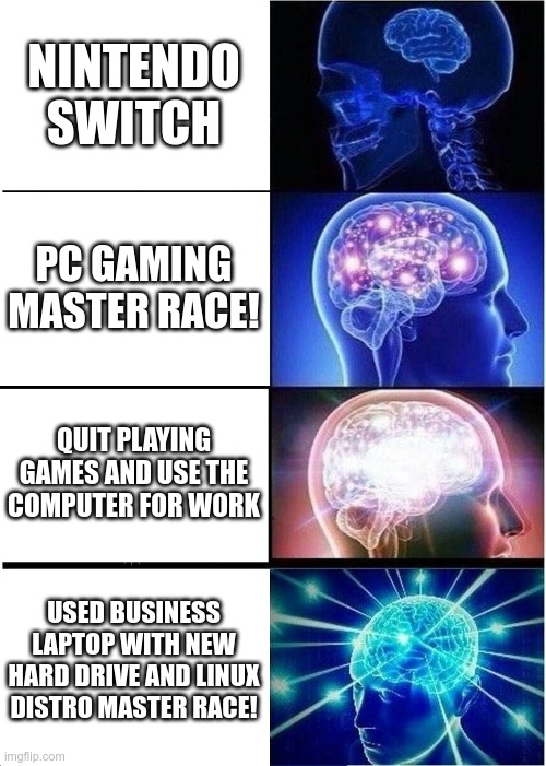 My brain now when I get $1200 specs minus the GPU for only $200 | NINTENDO SWITCH; PC GAMING MASTER RACE! QUIT PLAYING GAMES AND USE THE COMPUTER FOR WORK; USED BUSINESS LAPTOP WITH NEW HARD DRIVE AND LINUX DISTRO MASTER RACE! | image tagged in memes,expanding brain,video games | made w/ Imgflip meme maker