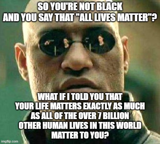 In The Grand Scheme Of Things, Your Life Doesn't Matter When Other People's Lives Don't Matter To You | SO YOU'RE NOT BLACK
AND YOU SAY THAT "ALL LIVES MATTER"? WHAT IF I TOLD YOU THAT
YOUR LIFE MATTERS EXACTLY AS MUCH
AS ALL OF THE OVER 7 BILLION
OTHER HUMAN LIVES IN THIS WORLD
MATTER TO YOU? | image tagged in what if i told you,black lives matter,all lives matter,racism,xenophobia,the golden rule | made w/ Imgflip meme maker