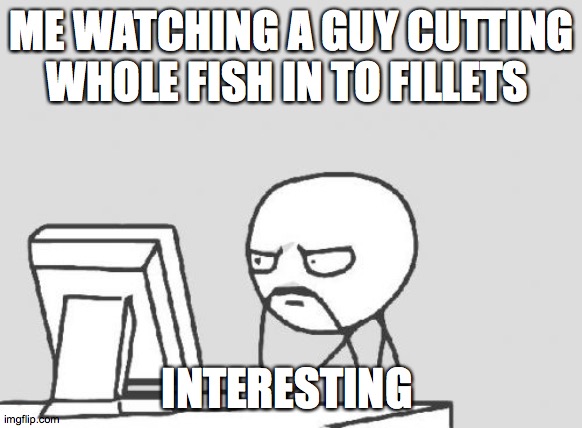 ill put the link for the video in the comments | ME WATCHING A GUY CUTTING WHOLE FISH IN TO FILLETS; INTERESTING | image tagged in memes,computer guy,fish | made w/ Imgflip meme maker