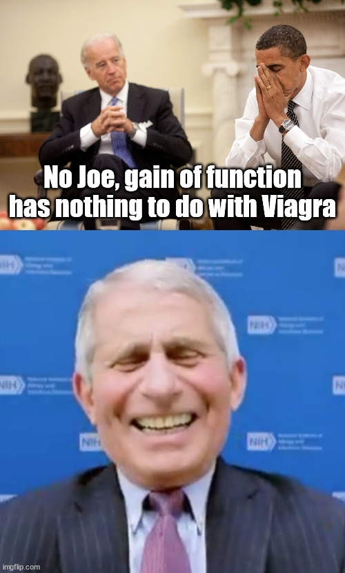 Never underestimate Joe's ability to F things up ...BHO | No Joe, gain of function has nothing to do with Viagra | image tagged in obama biden hands,fauci laughs at the suckers,idiots in power | made w/ Imgflip meme maker