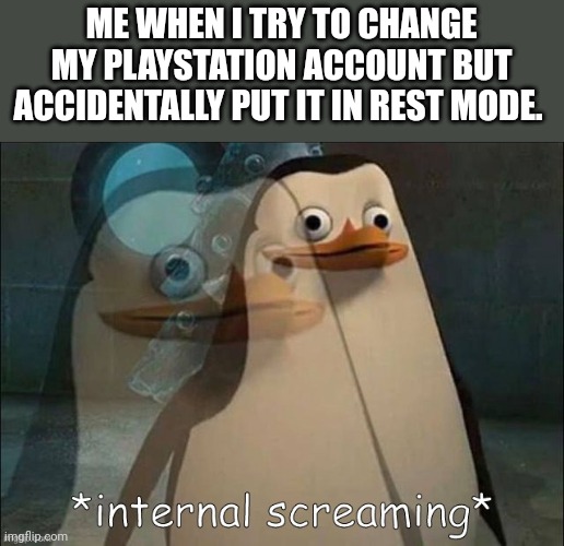 My internal pain | ME WHEN I TRY TO CHANGE MY PLAYSTATION ACCOUNT BUT ACCIDENTALLY PUT IT IN REST MODE. | image tagged in private internal screaming | made w/ Imgflip meme maker