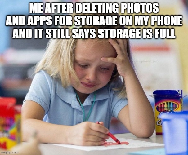 Me after m phone says your storage is full after deleting apps and photos | ME AFTER DELETING PHOTOS AND APPS FOR STORAGE ON MY PHONE AND IT STILL SAYS STORAGE IS FULL | image tagged in crying girl drawing | made w/ Imgflip meme maker