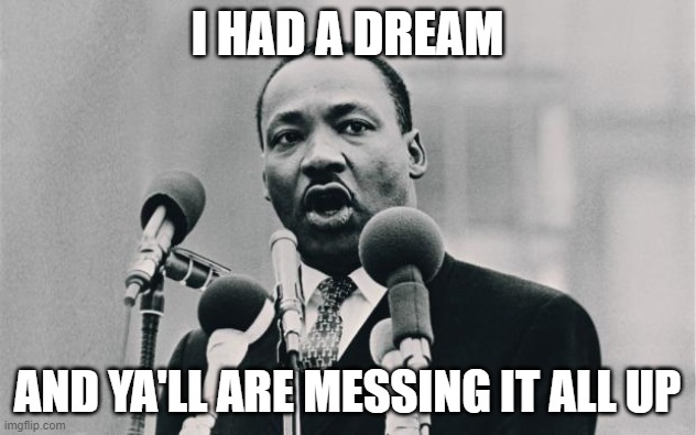 MLK jr. "I have a dream" | I HAD A DREAM; AND YA'LL ARE MESSING IT ALL UP | image tagged in mlk jr i have a dream | made w/ Imgflip meme maker