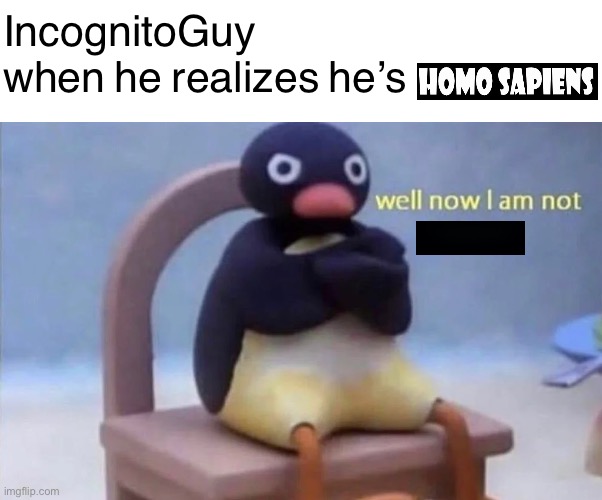 It was at that moment he began to identify as a p e n g u i n | IncognitoGuy when he realizes he’s | image tagged in p,e,n,g,u,in | made w/ Imgflip meme maker