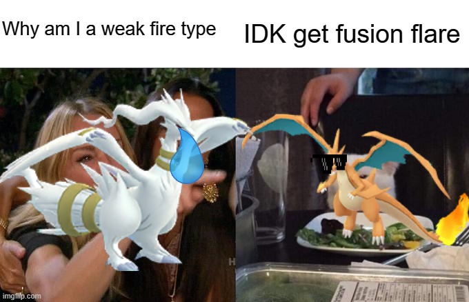 Rip Reshi | Why am I a weak fire type; IDK get fusion flare | image tagged in reshiram,zardo | made w/ Imgflip meme maker