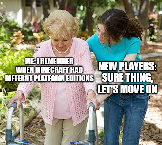 Sure grandma let's get you to bed | ME: I REMEMBER WHEN MINECRAFT HAD DIFFERNT PLATFORM EDITIONS; NEW PLAYERS: SURE THING, LET'S MOVE ON | image tagged in sure grandma let's get you to bed | made w/ Imgflip meme maker