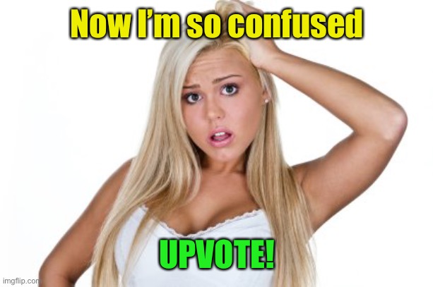 Dumb Blonde | Now I’m so confused UPVOTE! | image tagged in dumb blonde | made w/ Imgflip meme maker