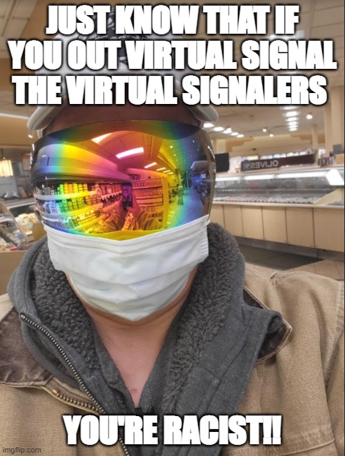 JUST KNOW THAT IF YOU OUT VIRTUAL SIGNAL THE VIRTUAL SIGNALERS; YOU'RE RACIST!! | made w/ Imgflip meme maker