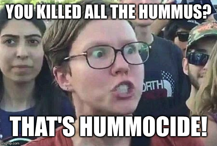 Oof, right in the beans! | YOU KILLED ALL THE HUMMUS? THAT'S HUMMOCIDE! | image tagged in triggered liberal | made w/ Imgflip meme maker
