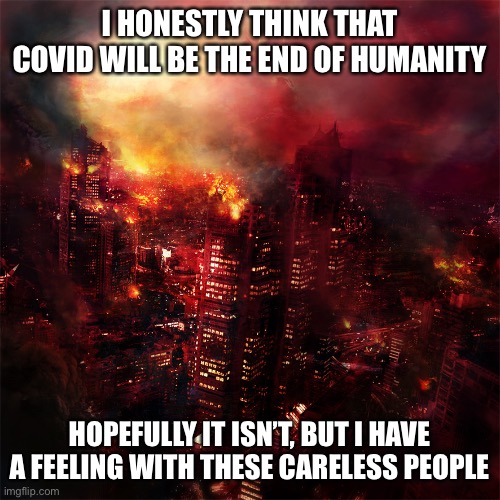 End of the world | I HONESTLY THINK THAT COVID WILL BE THE END OF HUMANITY; HOPEFULLY IT ISN’T, BUT I HAVE A FEELING WITH THESE CARELESS PEOPLE | image tagged in the end | made w/ Imgflip meme maker
