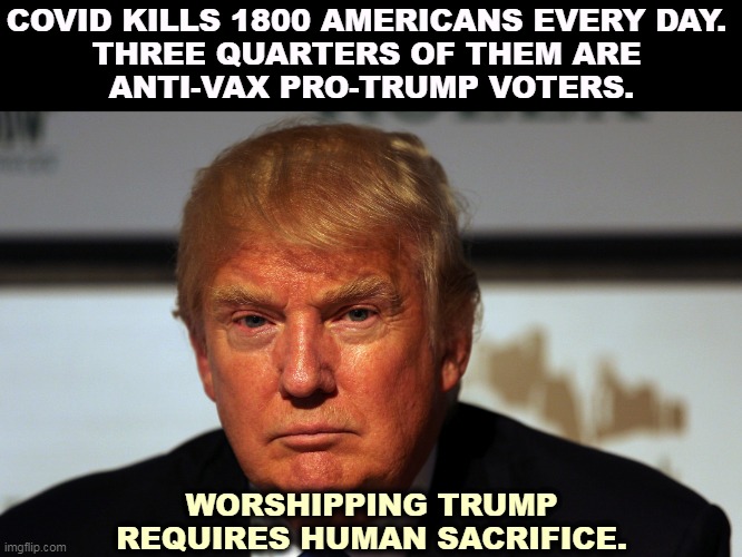 Very few presidents demand reelection while killing off their own voters. | COVID KILLS 1800 AMERICANS EVERY DAY. 
THREE QUARTERS OF THEM ARE 
ANTI-VAX PRO-TRUMP VOTERS. WORSHIPPING TRUMP REQUIRES HUMAN SACRIFICE. | image tagged in trump sad failure loser,covid-19,trump,kills,voters | made w/ Imgflip meme maker