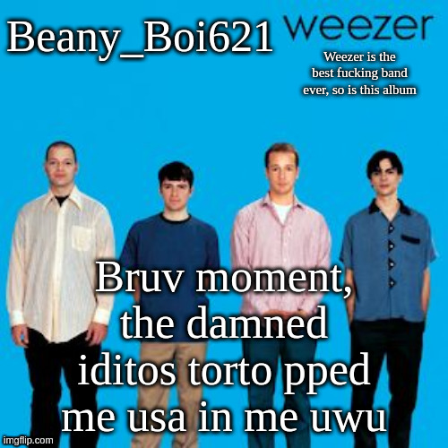 *hello chat | Bruv moment, the damned iditos torto pped me usa in me uwu | image tagged in weezing beany | made w/ Imgflip meme maker