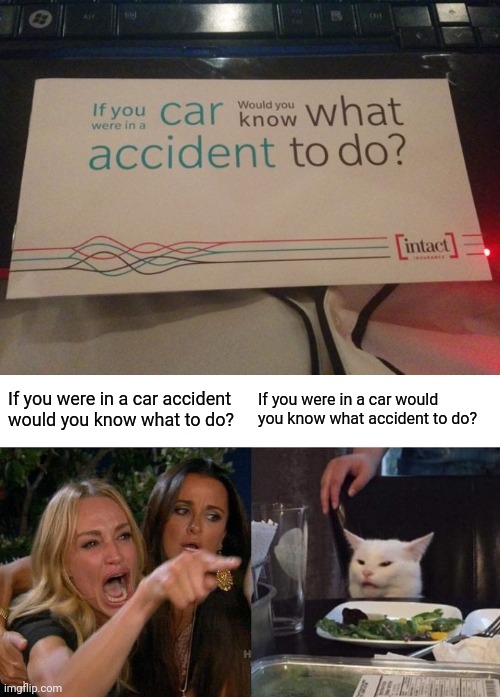 Another Misspelled word. About cars. | If you were in a car accident would you know what to do? If you were in a car would you know what accident to do? | image tagged in memes,woman yelling at cat,cars,accident,funny | made w/ Imgflip meme maker