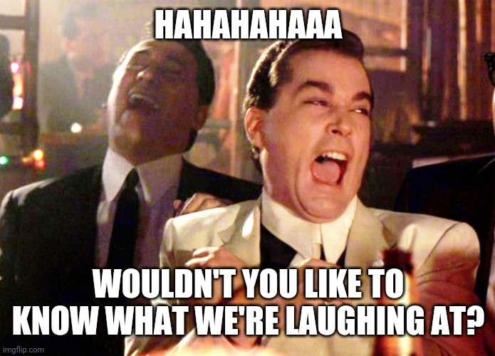 Good Fellas Hilarious | HAHAHAHAAA; WOULDN'T YOU LIKE TO KNOW WHAT WE'RE LAUGHING AT? | image tagged in memes,good fellas hilarious | made w/ Imgflip meme maker