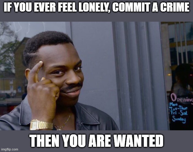alternative: give a little love, then get a little. give a lot, get a lot | IF YOU EVER FEEL LONELY, COMMIT A CRIME; THEN YOU ARE WANTED | image tagged in memes,roll safe think about it | made w/ Imgflip meme maker