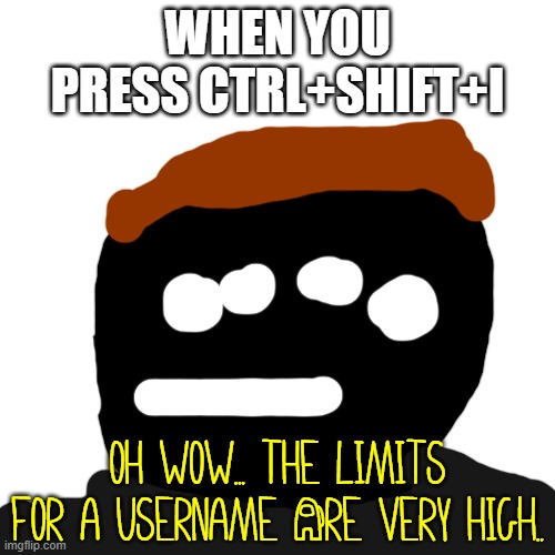 when you press ctrl+shift+i in the settings menu | WHEN YOU PRESS CTRL+SHIFT+I; oh wow... the limits for a username Are very high.. | image tagged in memes,blank transparent square | made w/ Imgflip meme maker
