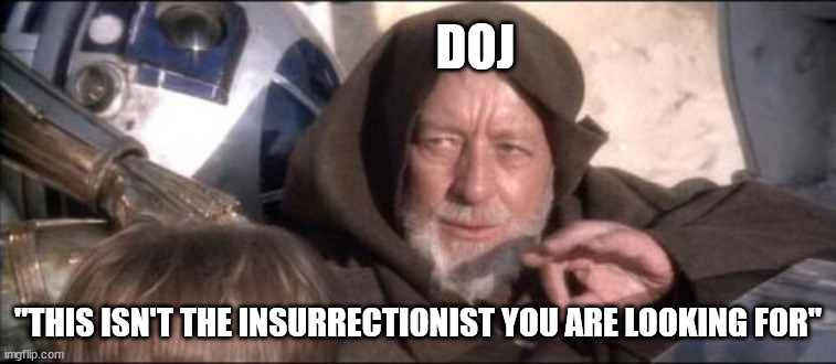 These Aren't The Droids You Were Looking For Meme | DOJ "THIS ISN'T THE INSURRECTIONIST YOU ARE LOOKING FOR" | image tagged in memes,these aren't the droids you were looking for | made w/ Imgflip meme maker