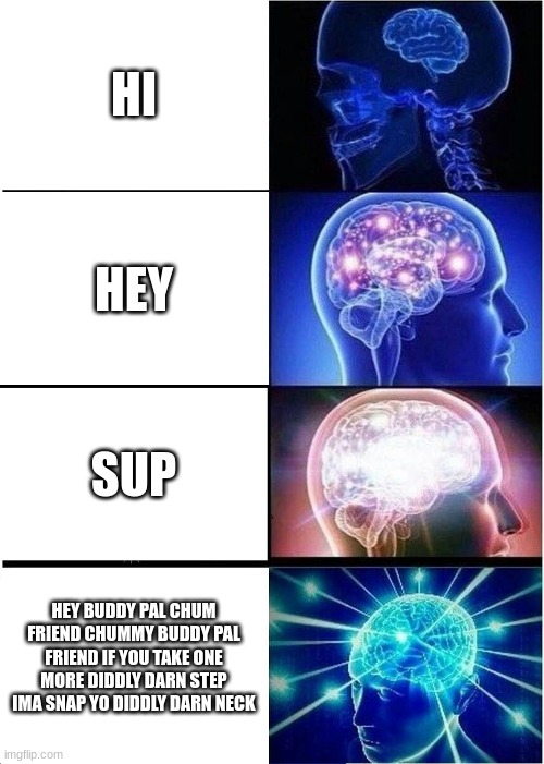 Expanding Brain | HI; HEY; SUP; HEY BUDDY PAL CHUM FRIEND CHUMMY BUDDY PAL FRIEND IF YOU TAKE ONE MORE DIDDLY DARN STEP IMA SNAP YO DIDDLY DARN NECK | image tagged in memes,expanding brain | made w/ Imgflip meme maker