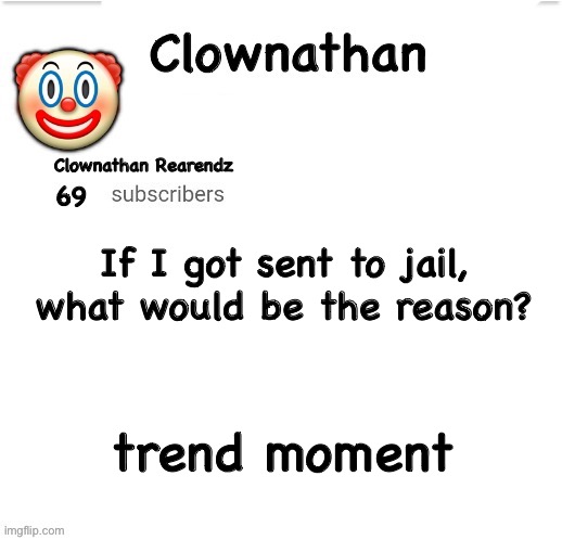Clownathan template by Jummy | If I got sent to jail, what would be the reason? trend moment | image tagged in clownathan template by jummy | made w/ Imgflip meme maker