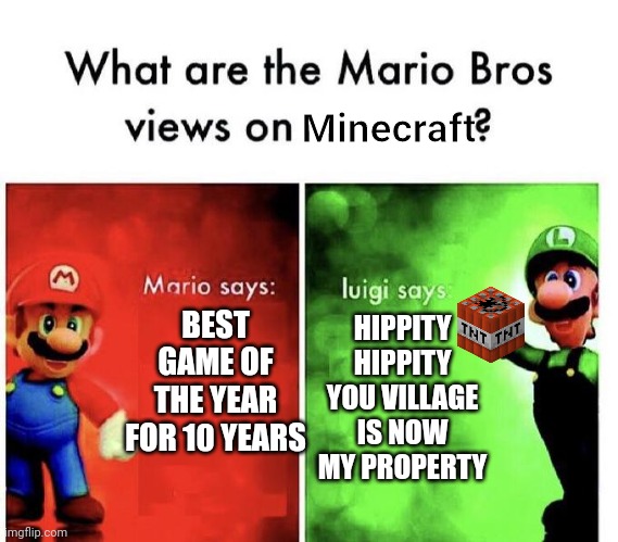 E | Minecraft; BEST GAME OF THE YEAR FOR 10 YEARS; HIPPITY HIPPITY YOU VILLAGE IS NOW MY PROPERTY | image tagged in mario bros views,memes | made w/ Imgflip meme maker
