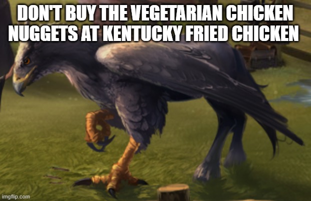 Don't do it | DON'T BUY THE VEGETARIAN CHICKEN NUGGETS AT KENTUCKY FRIED CHICKEN | image tagged in hippogriff | made w/ Imgflip meme maker