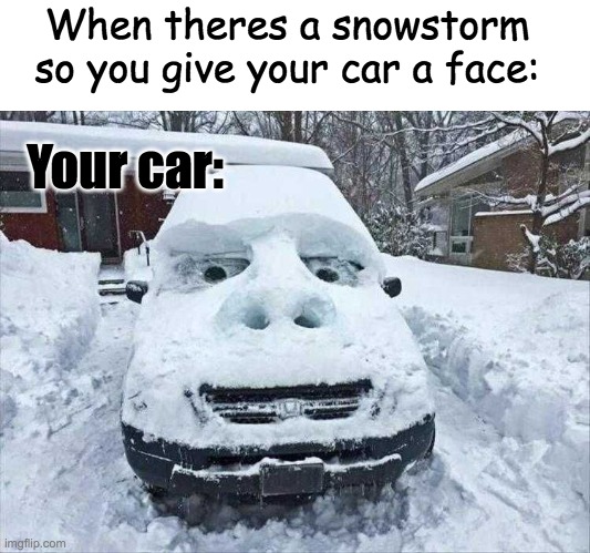 *chokes on food* *insert creative title* | When theres a snowstorm so you give your car a face:; Your car: | image tagged in snowstorm,lol,wat | made w/ Imgflip meme maker
