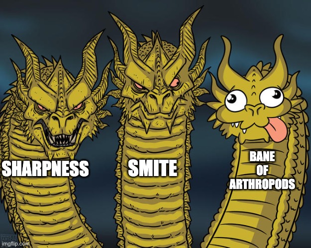 Sword enchants be like: | BANE OF ARTHROPODS; SMITE; SHARPNESS | image tagged in three-headed dragon | made w/ Imgflip meme maker