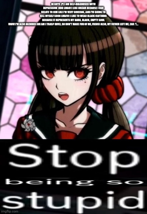 Stop being so stupid | HI GUYS :P! I AM SELF-DIAGNOSED WITH DEPRESSION :DDD LMAO! I LIKE DREAM BECAUSE I CAN RELATE TO HIM LOL! I'M VERY SUICIDAL, AND I'M GOING TO KILL MYSELF SOON LMAFO! I LIKE TO WEAR BLACK CLOTHING BECAUSE IT REPRESENTS MY DARK, BLACK, EMPTY SOUL UWU! I'M ALSO AGENDER (OR AM I TRAS? IDFK), SO DON'T MAKE FUN OF ME, FRENS! ALSO, MY FATHER LEFT ME, ZAD :'(... | image tagged in stop being so stupid | made w/ Imgflip meme maker