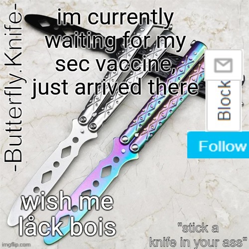 Wish me luck | im currently waiting for my sec vaccine, just arrived there; wish me låck bois | image tagged in butterfly knife temp | made w/ Imgflip meme maker