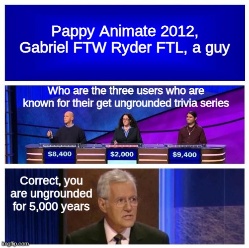 Get Ungrounded Trivia is like Jeopardy but you get the length of grounding/ungrounding years as points | Pappy Animate 2012, Gabriel FTW Ryder FTL, a guy; Who are the three users who are known for their get ungrounded trivia series; Correct, you are ungrounded for 5,000 years | image tagged in jeopardy blank,funny,goanimate | made w/ Imgflip meme maker