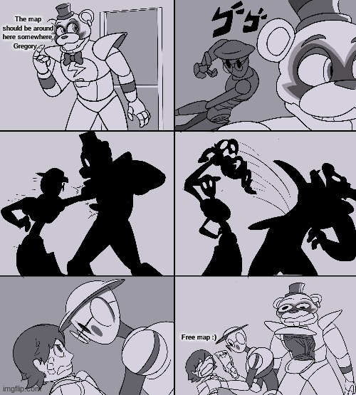 Yet another Security Breach Comic | The map should be around here somewhere, Gregory... Free map :) | image tagged in fnaf | made w/ Imgflip meme maker